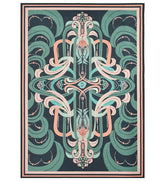 Teal and Peach Abstract Machine Washable Rug with modern artistic design.